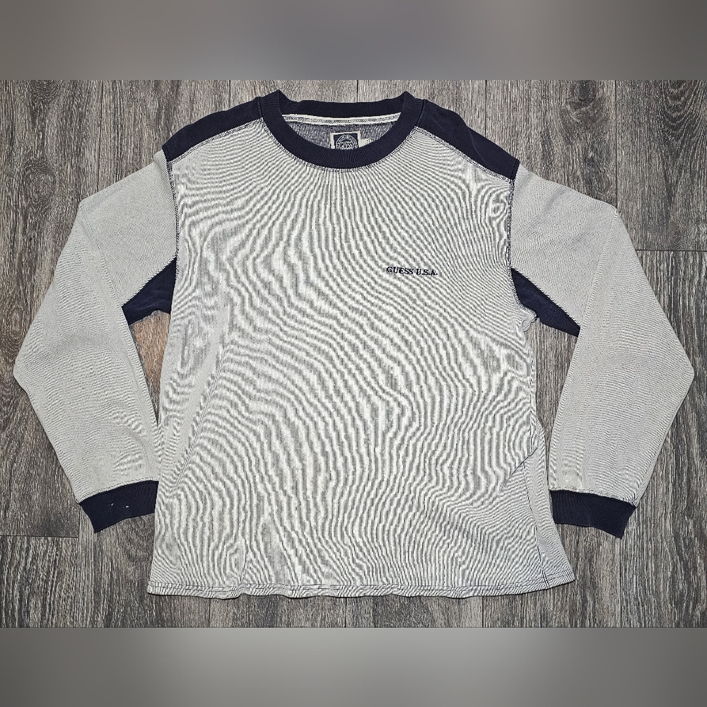 Vintage Guess USA Thermal Long Sleeve T Shirt Milk Navy Blue Men's Size Lrg RARE